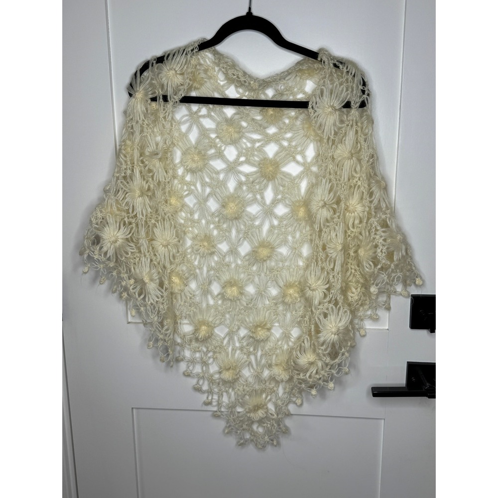 Crochet Shawl Cream Floral Granny Square Boho Triangle Scarf Wrap